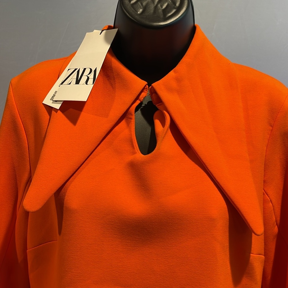 Zara Orange Long-Sleeve Shift Dress with Statement Collar - Picture 4 of 11